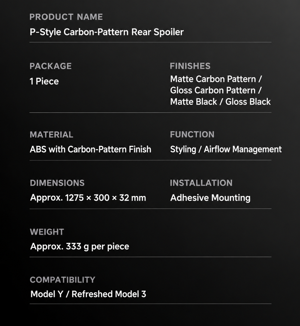 Tesla Model 3 & Model Y P-Style Rear Spoiler – Specifications and installation details