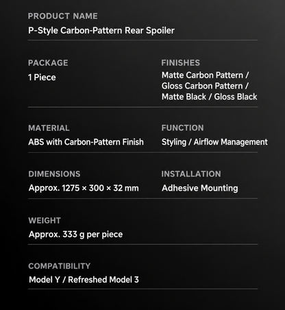 Tesla Model 3 & Model Y P-Style Rear Spoiler – Specifications and installation details