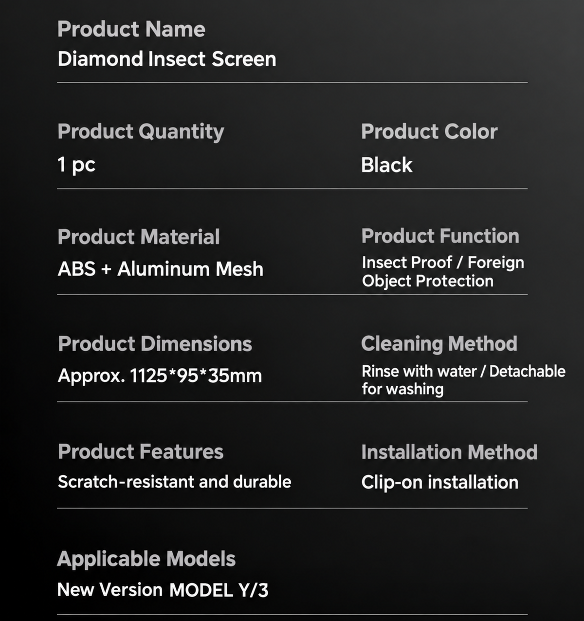 Tesla Model 3 & Model Y Front Grille Insect Guard – Specifications and installation details