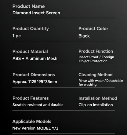 Tesla Model 3 & Model Y Front Grille Insect Guard – Specifications and installation details