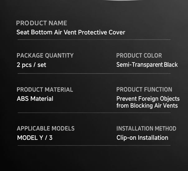 Tesla Model 3 & Model Y Under-Seat Vent Covers – Specifications and installation details