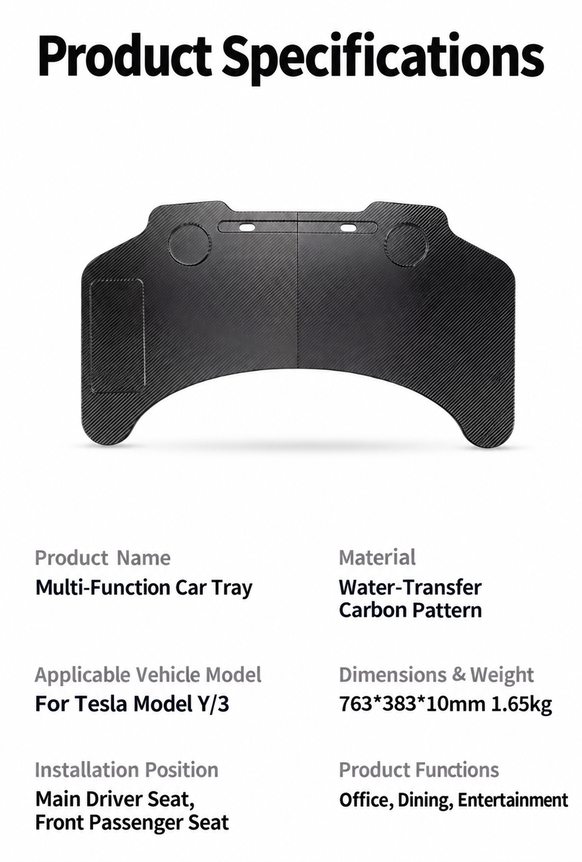 Tesla Model 3 & Model Y Folding Car Desk Tray – Specifications and installation details