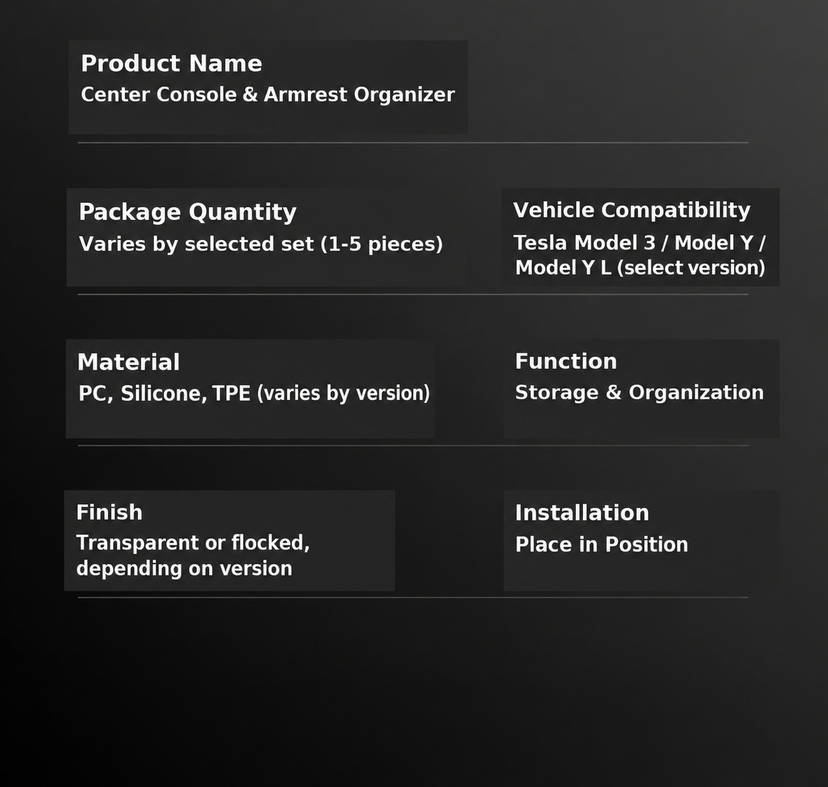 Dibo console organizer specifications and package options
