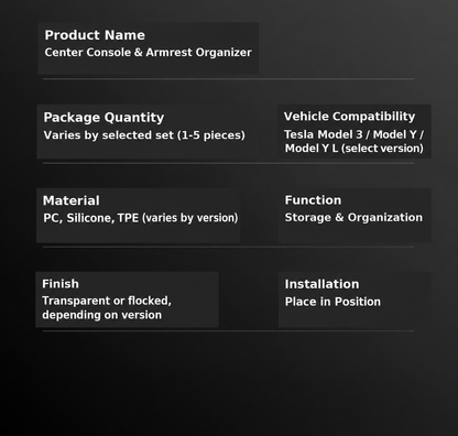 Dibo console organizer specifications and package options