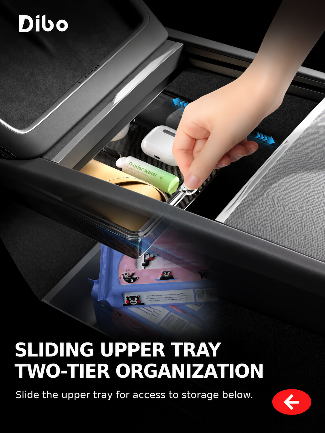 Sliding clear upper tray with access to storage below