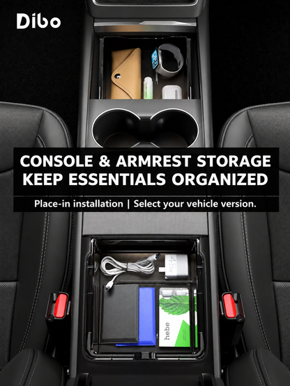 Clear console and armrest storage trays installed in Tesla interior