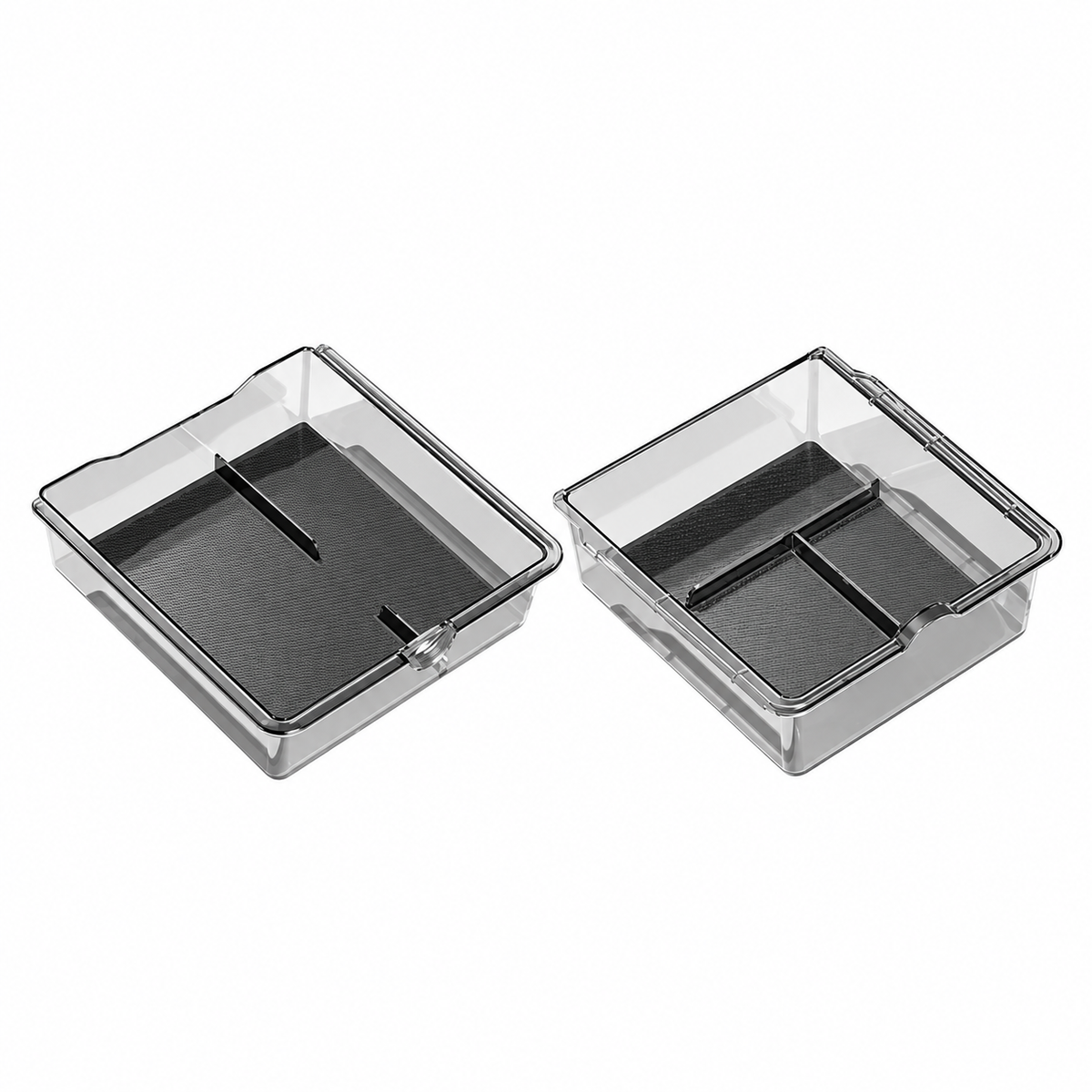 Transparent Dibo console and armrest organizer trays with black liners on white background; set contents vary