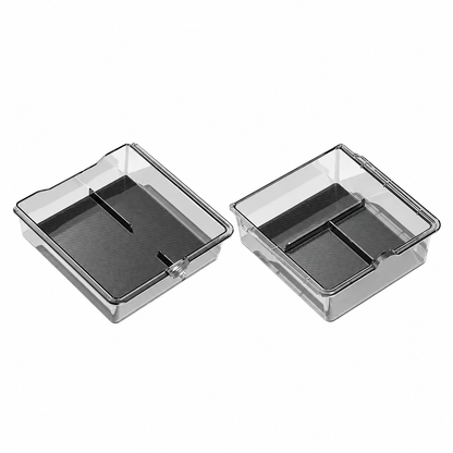 Transparent Dibo console and armrest organizer trays with black liners on white background; set contents vary
