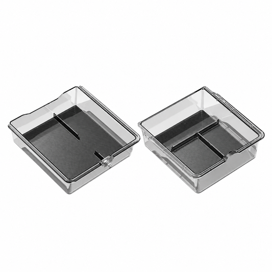Transparent Dibo console and armrest organizer trays with black liners on white background; set contents vary