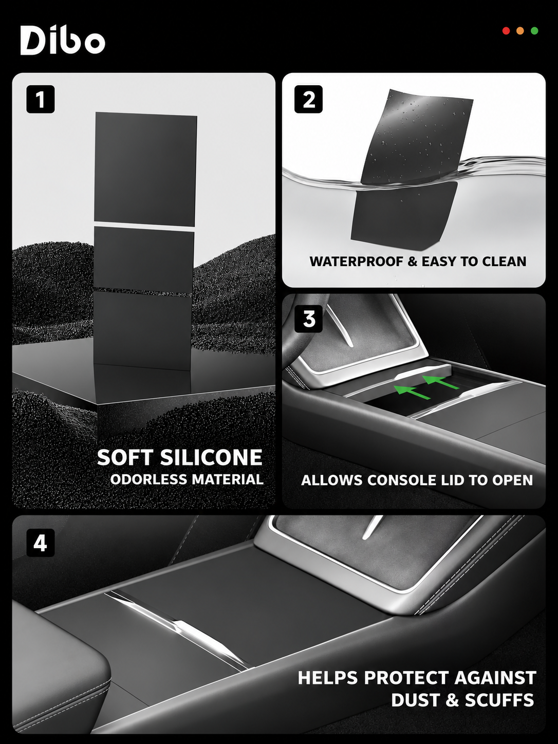 Silicone mat material, cleaning and console lid access