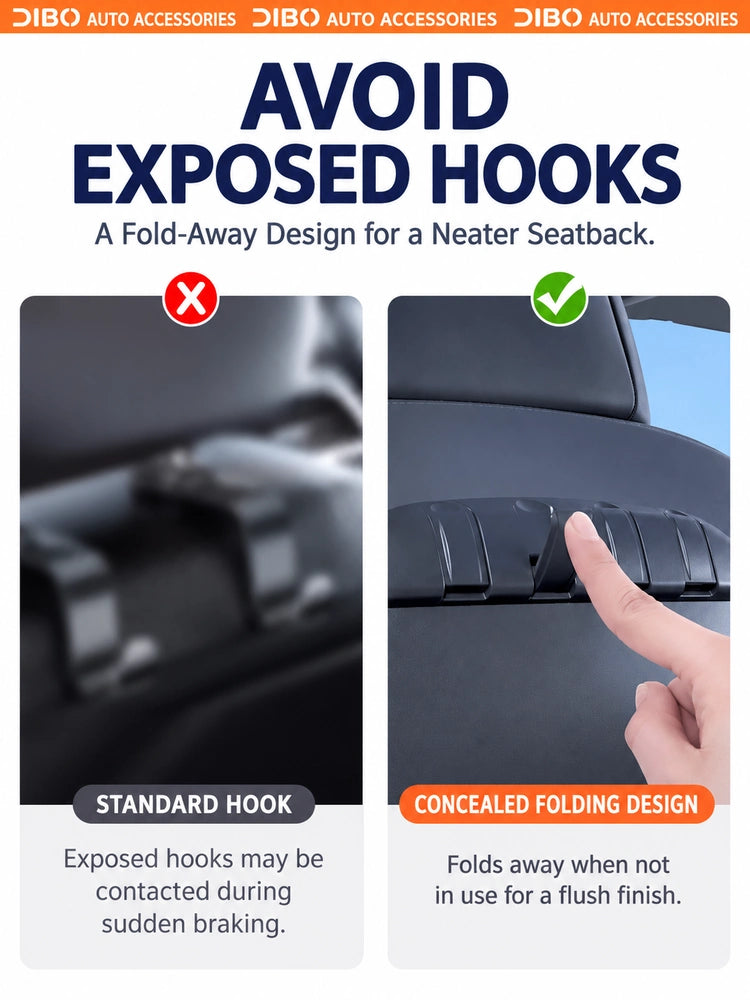 Fold-away seatback hook compared with exposed hook