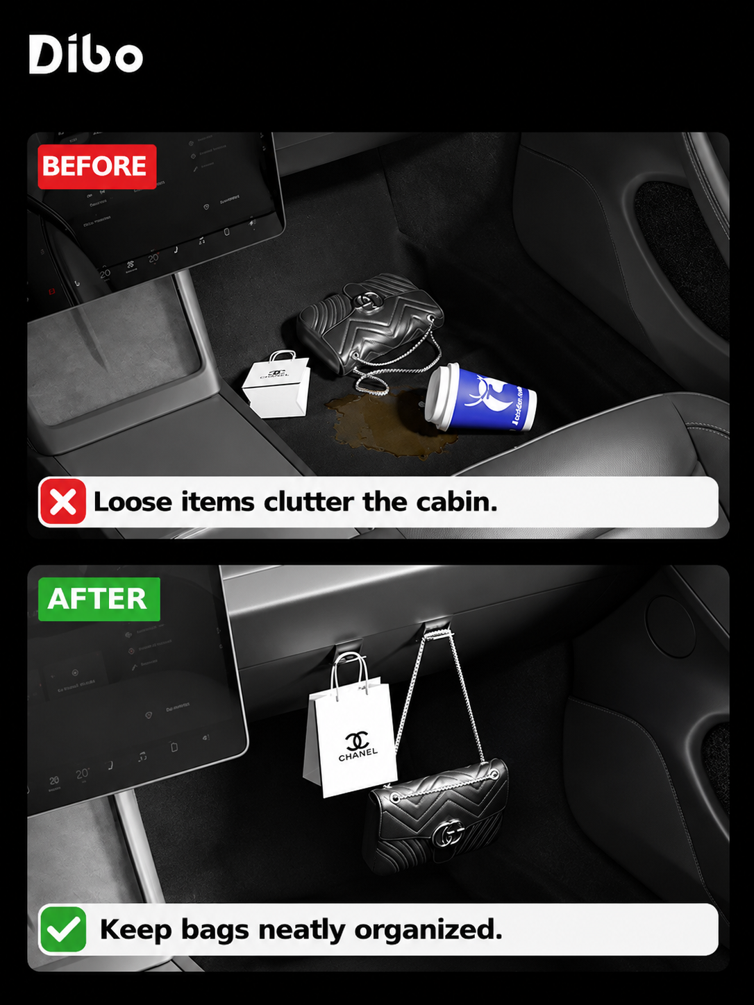 Before and after keeping bags organized with glove box hooks