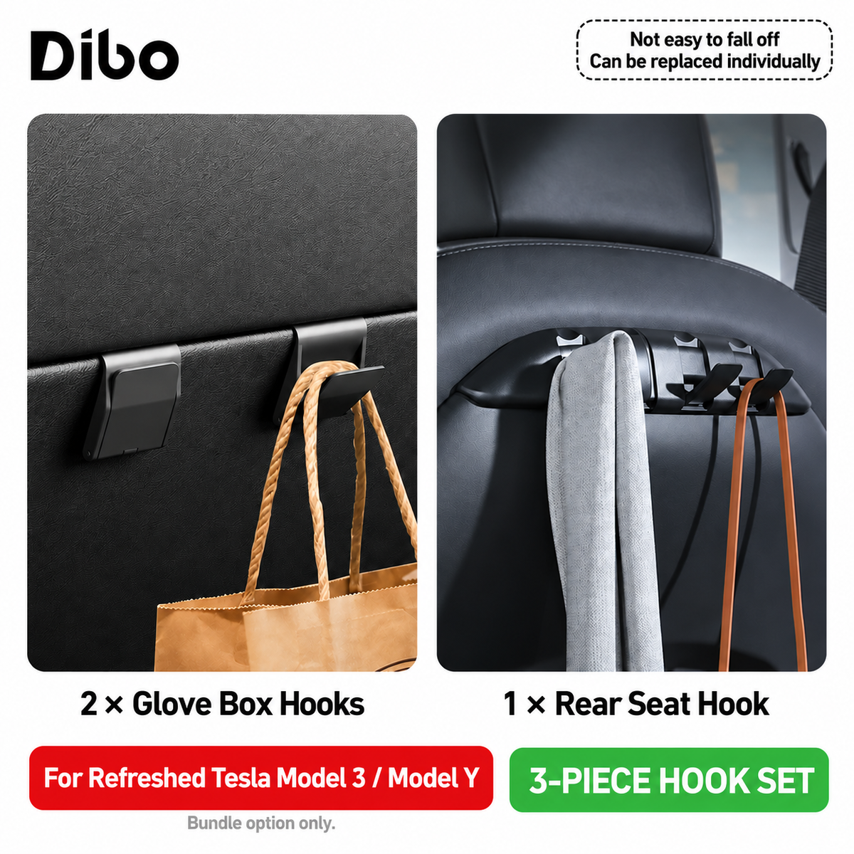 Selected three-piece bundle with two glove box hooks and one seatback bar
