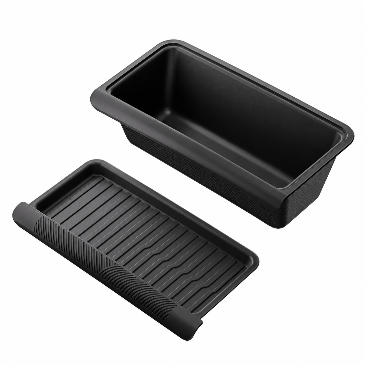Black under-seat tray and separate cover shown on white background