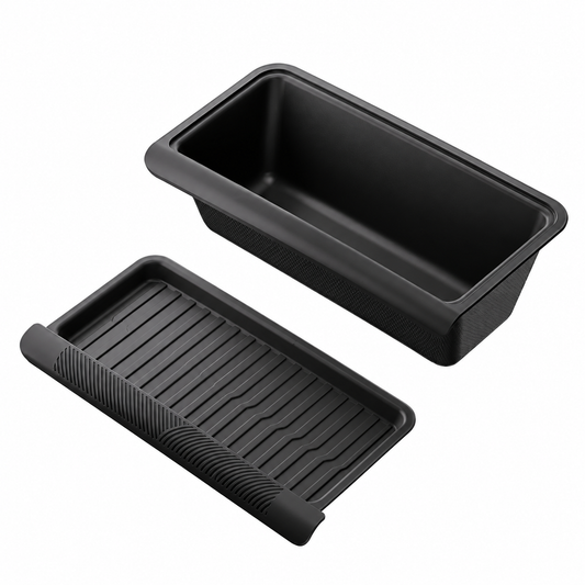 Black under-seat tray and separate cover shown on white background