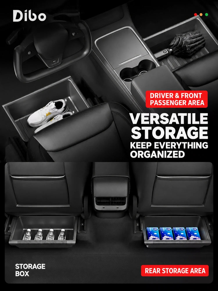 Front and rear storage positions in Model Y cabin