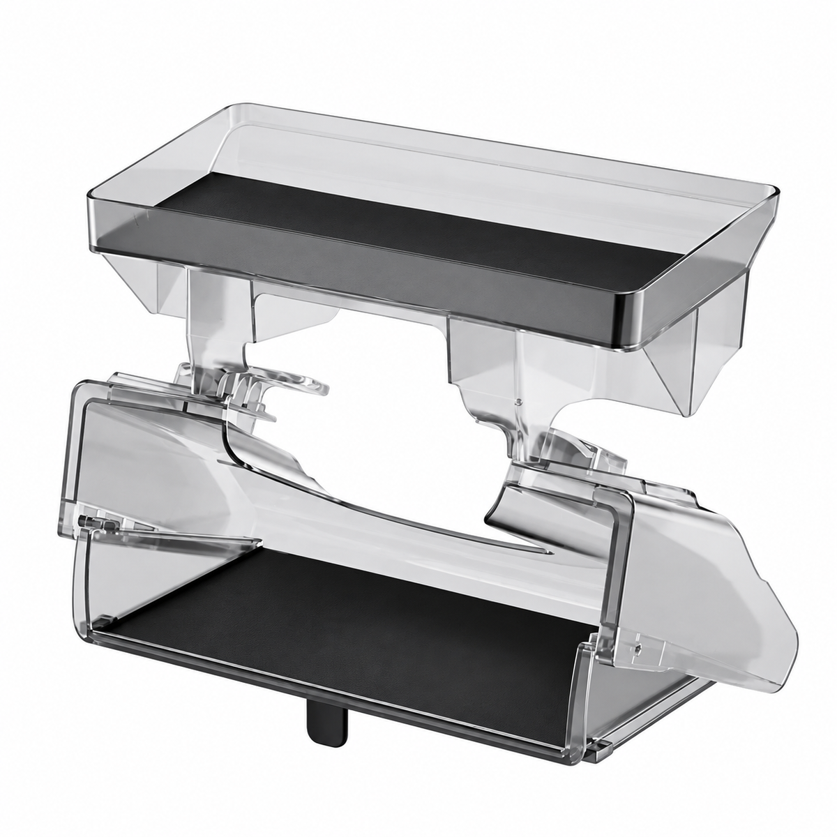 Transparent dual screen storage trays on white background