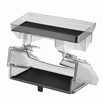 Transparent dual screen storage trays on white background