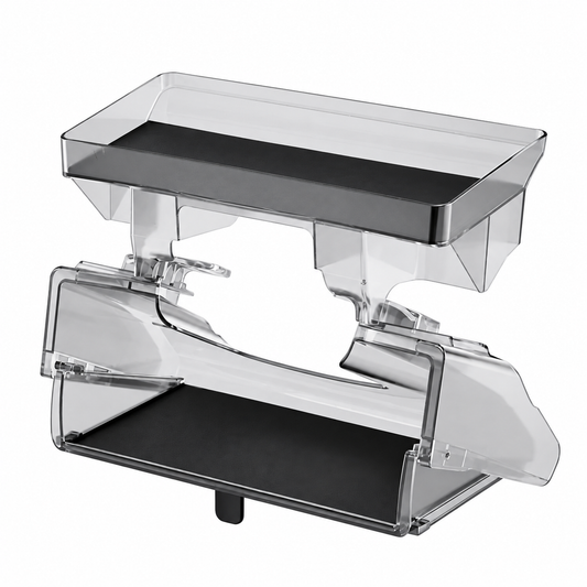 Transparent dual screen storage trays on white background