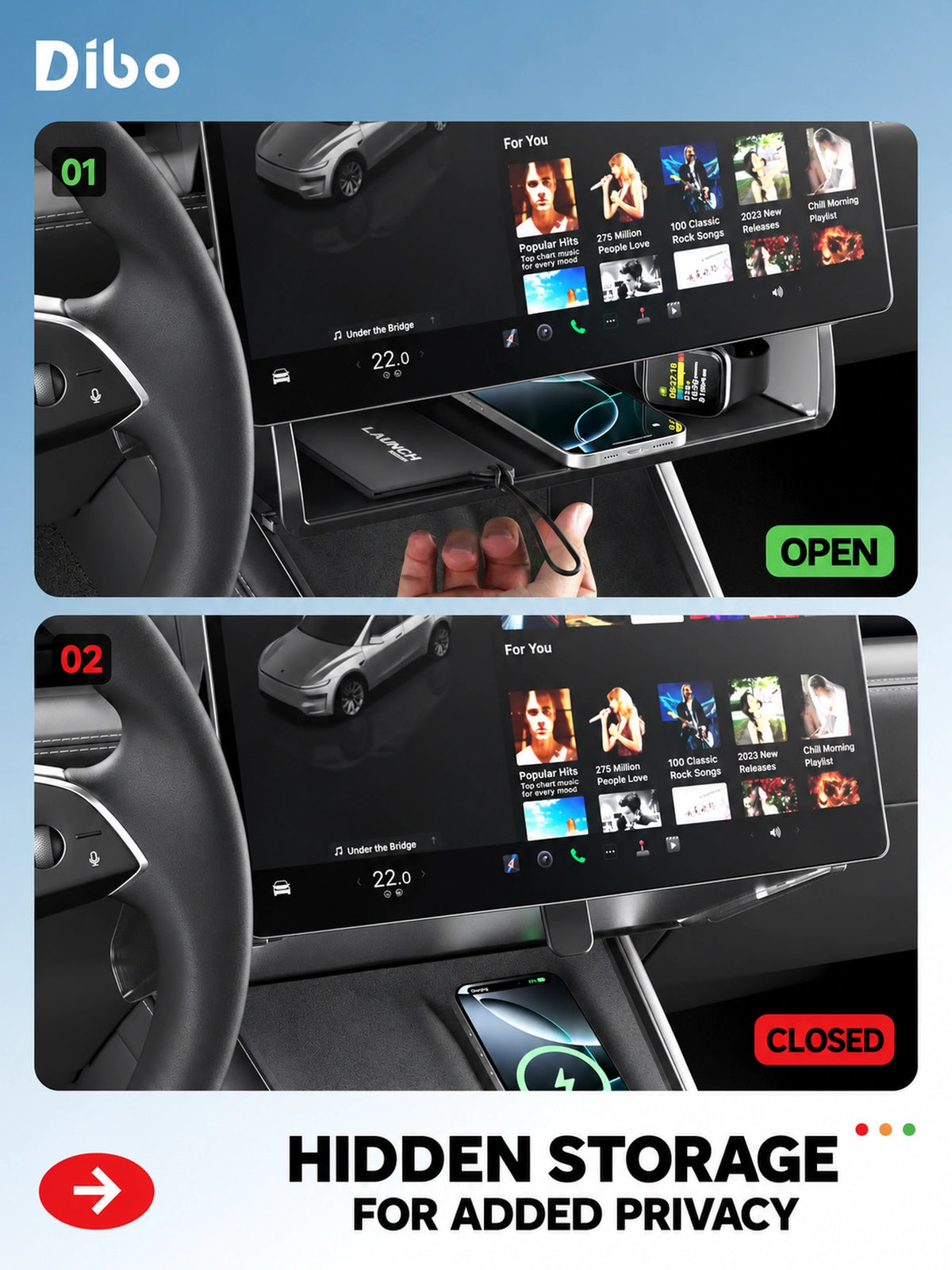 Open and closed magnetic under-screen storage box
