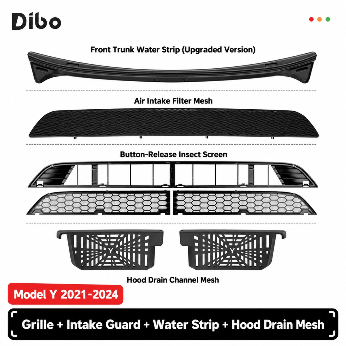 Model Y 2021-2024 - grille + intake guard + water strip + hood drain mesh