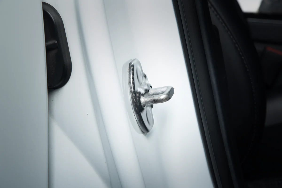 Carbon Fiber Door Lock Covers for Tesla Model 3 & Model Y – Gloss or Matte Finish, Peel & Stick Interior Trim Upgrade