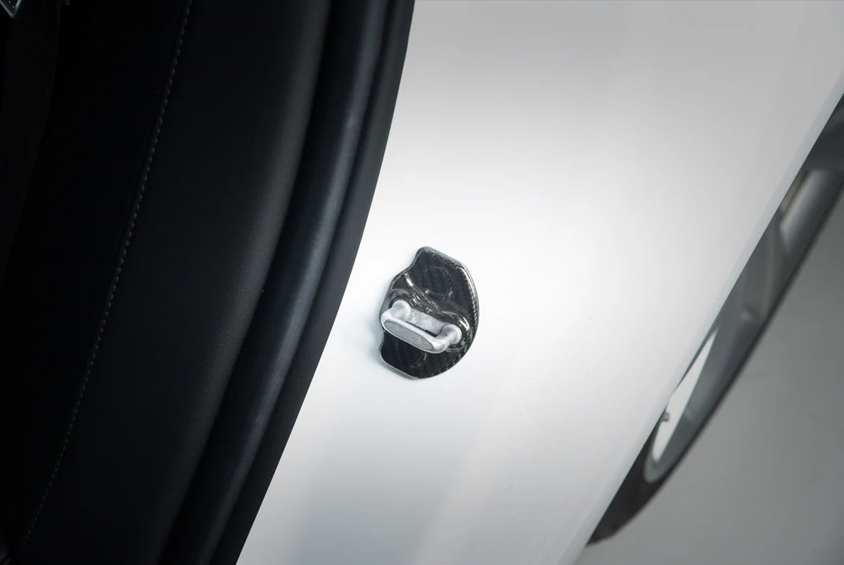 Carbon Fiber Door Lock Covers for Tesla Model 3 & Model Y – Gloss or Matte Finish, Peel & Stick Interior Trim Upgrade