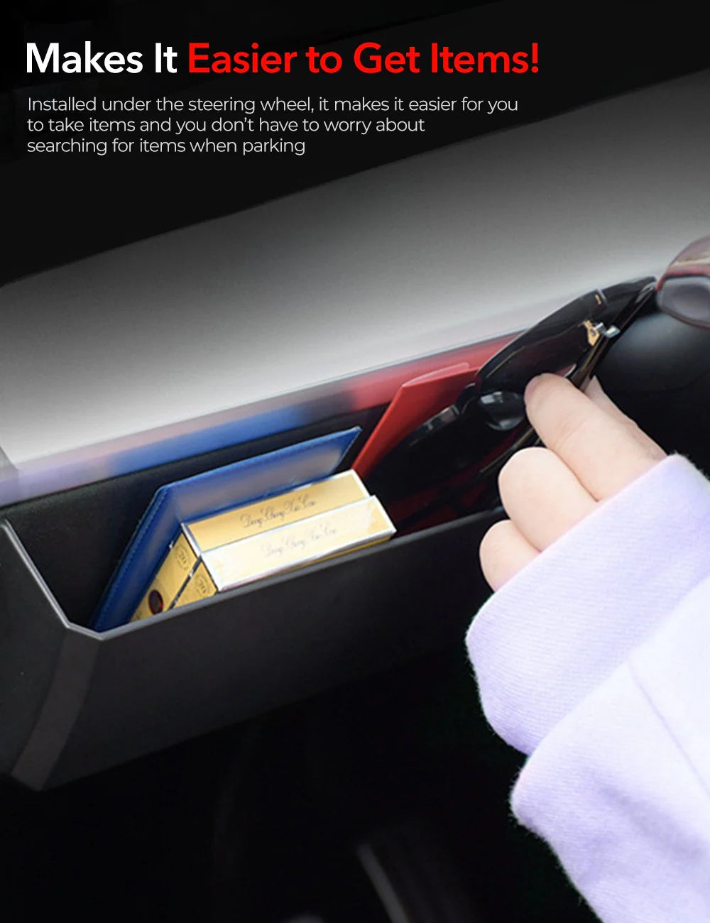 Driver Side Dash Panel Storage Box for Tesla Model Y (2020–2024) & Model 3 (2021–2023) – Under-Steering Wheel Hidden Organizer, ABS Storage Tray