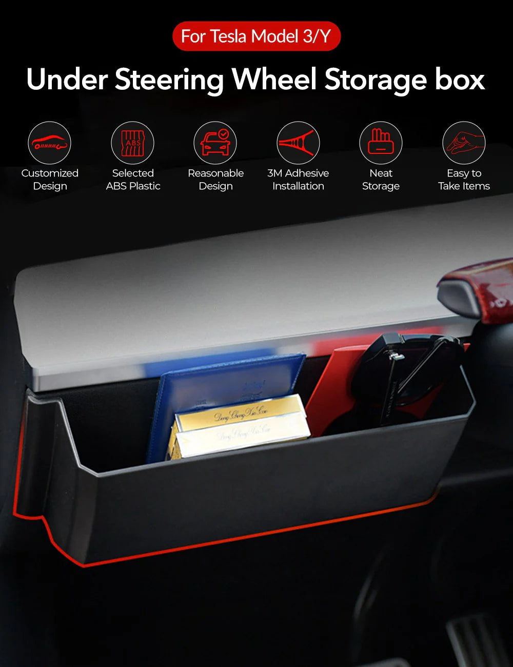 Driver Side Dash Panel Storage Box for Tesla Model Y (2020–2024) & Model 3 (2021–2023) – Under-Steering Wheel Hidden Organizer, ABS Storage Tray