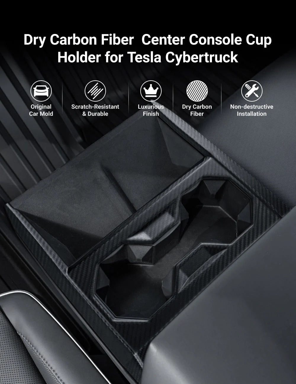 Dry Carbon Fiber Center Console Cup Holder Trim Cover for Tesla Cybertruck (2024–Present)