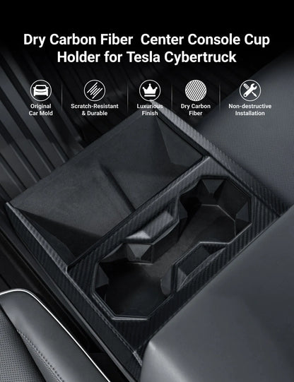 Dry Carbon Fiber Center Console Cup Holder Trim Cover for Tesla Cybertruck (2024–Present)