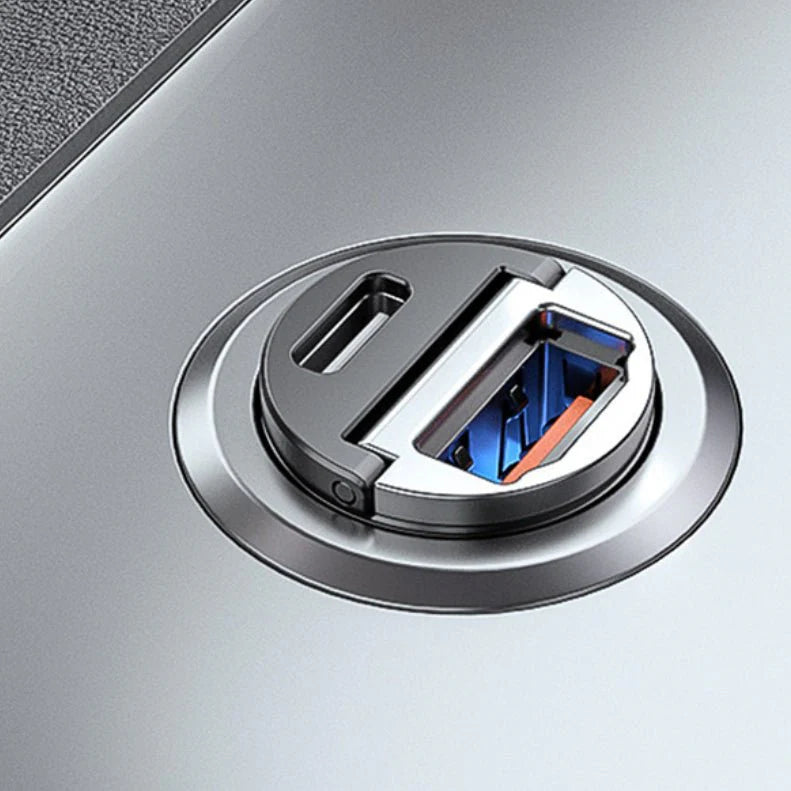 30W Dual-Port Fast Car Charger for Tesla Model 3 Model Y Model S Model X & Cybertruck | PD 3.0 USB-C + QC 3.0 USB-A | Ultra-Compact Zinc Alloy 12V Charger