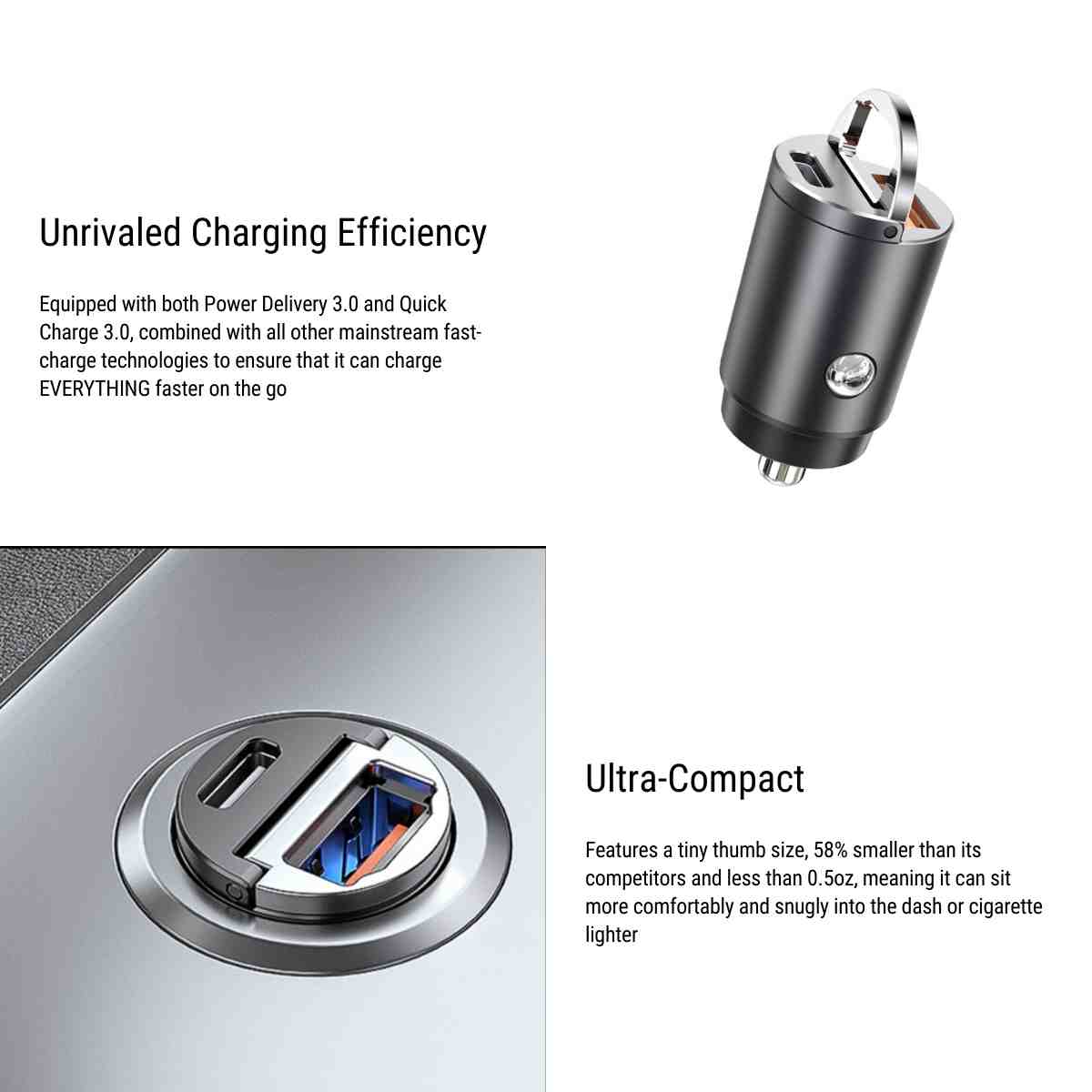30W Dual-Port Fast Car Charger for Tesla Model 3 Model Y Model S Model X & Cybertruck | PD 3.0 USB-C + QC 3.0 USB-A | Ultra-Compact Zinc Alloy 12V Charger