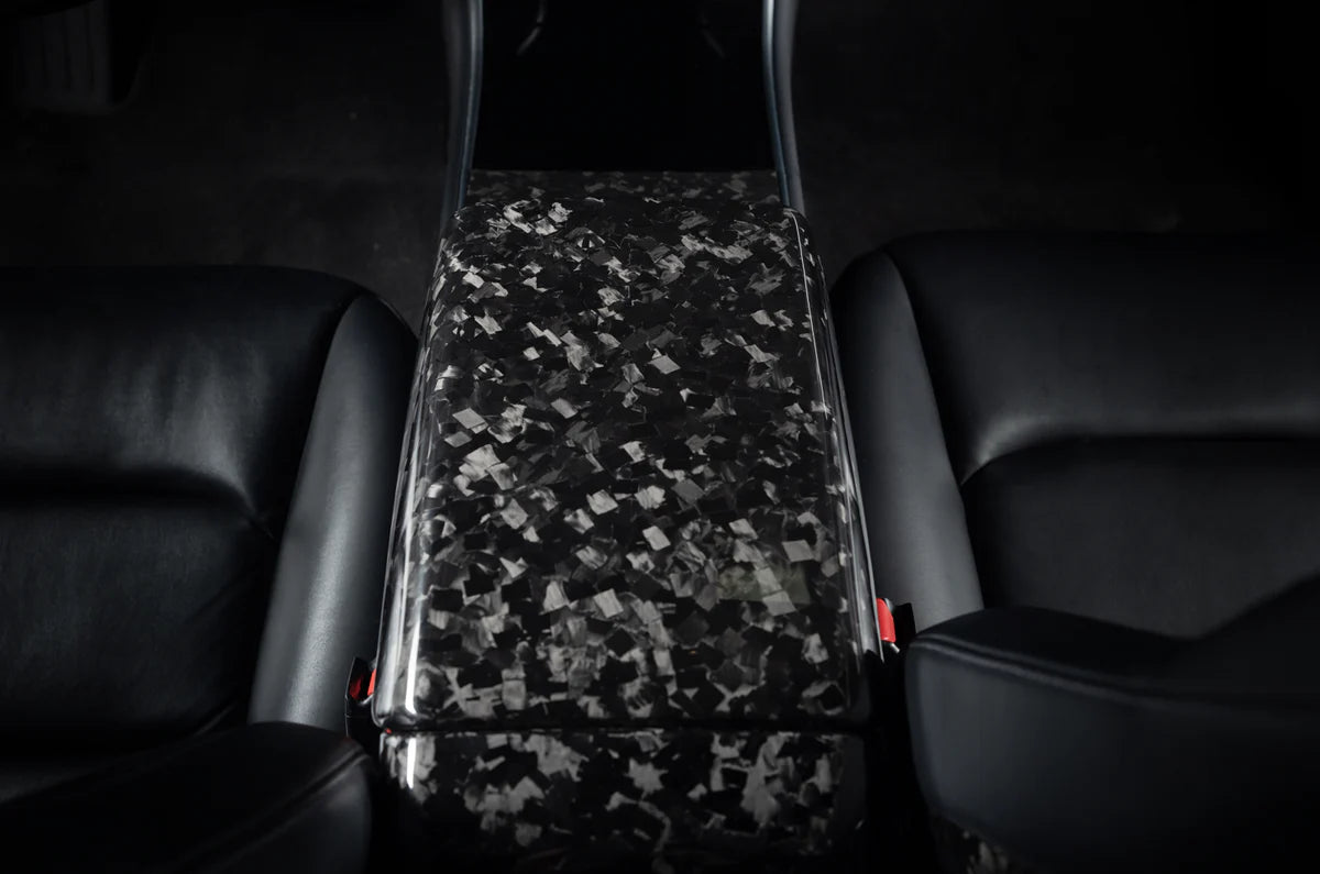 Carbon Fiber Armrest Cover for Tesla Model 3 & Model Y – Gloss / Matte / Forged Finish, Easy Peel-and-Stick Installation
