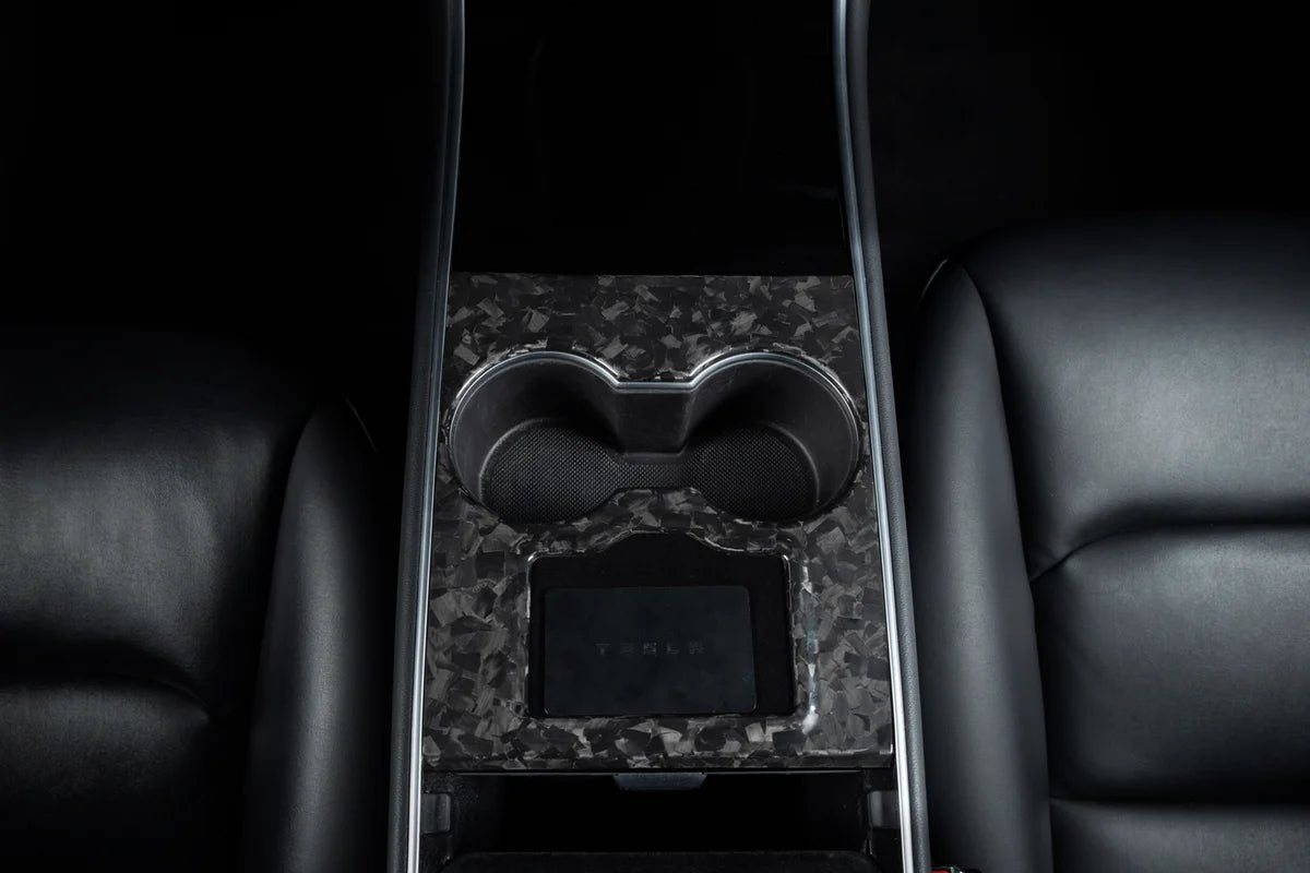Carbon Fiber Center Console Covers for Tesla Model 3 & Model Y – Old Flip-Up Center Console (3-Piece Overlay Kit)