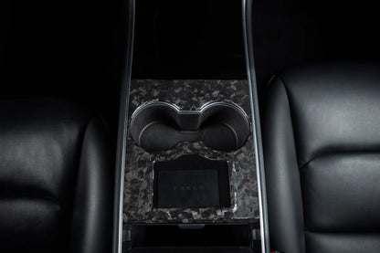 Carbon Fiber Center Console Covers for Tesla Model 3 & Model Y – Old Flip-Up Center Console (3-Piece Overlay Kit)