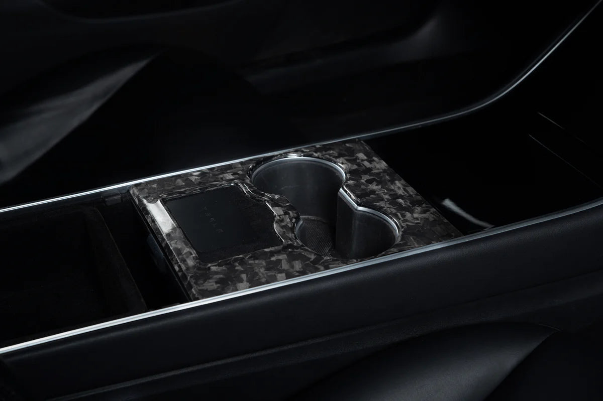 Carbon Fiber Center Console Covers for Tesla Model 3 & Model Y – Old Flip-Up Center Console (3-Piece Overlay Kit)