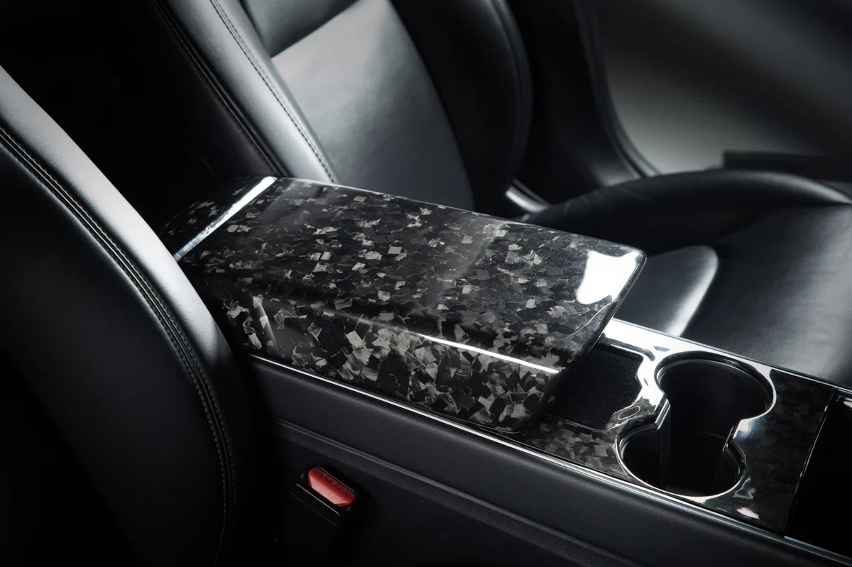 Carbon Fiber Armrest Cover for Tesla Model 3 & Model Y – Gloss / Matte / Forged Finish, Easy Peel-and-Stick Installation