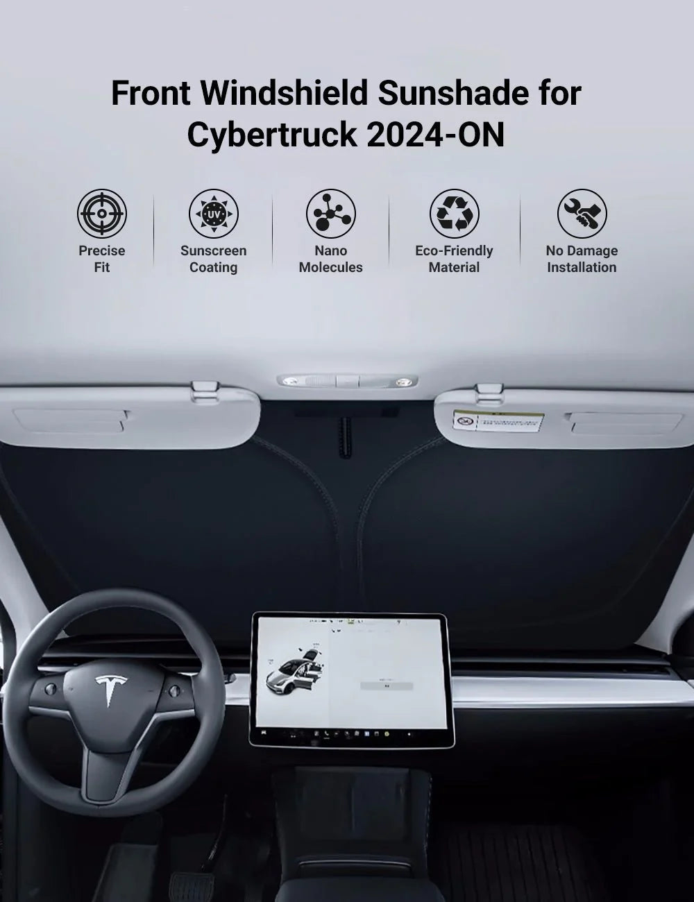 Front Windshield Sunshade for Tesla Cybertruck | Custom Fit UV & Heat Insulation Shade