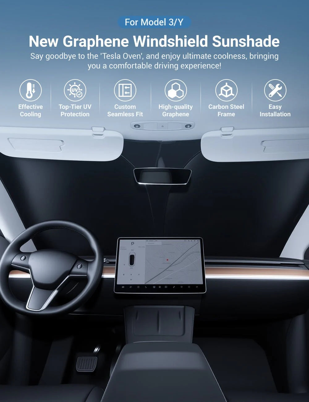 Premium Front Windshield Sunshade for Tesla Model 3 & Model Y | Graphene UV Protection Heat Insulation Shade