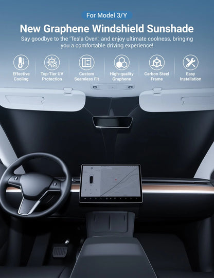 Premium Front Windshield Sunshade for Tesla Model 3 & Model Y | Graphene UV Protection Heat Insulation Shade