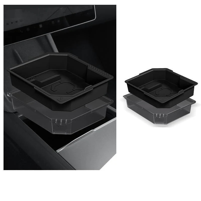 Functional Central Control Storage Box for Tesla Model Y Juniper & Model 3 Highland | Dual-Layer Hidden Organizer (Food-Grade Silicone)