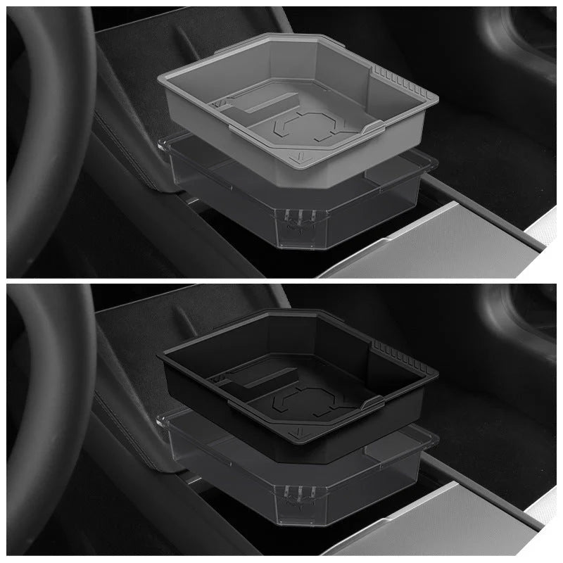 Functional Central Control Storage Box for Tesla Model Y Juniper & Model 3 Highland | Dual-Layer Hidden Organizer (Food-Grade Silicone)