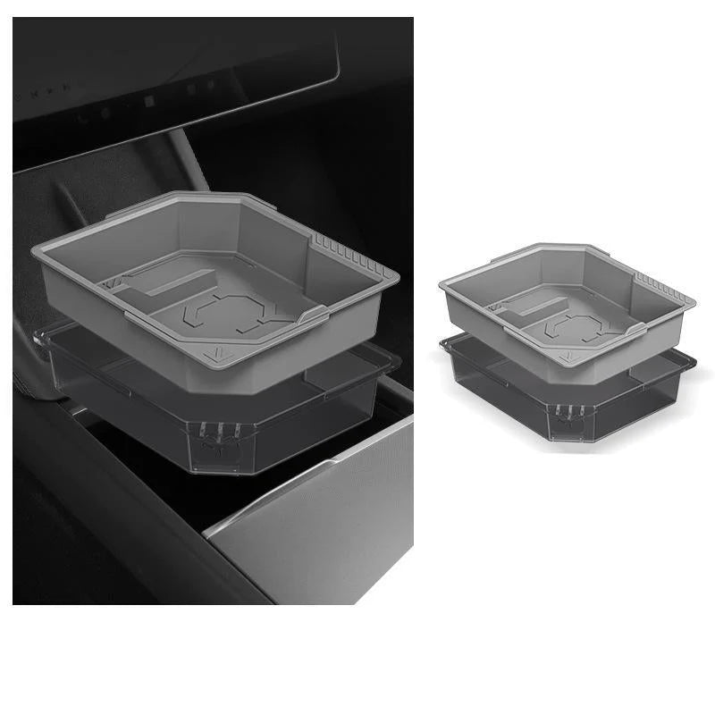 Functional Central Control Storage Box for Tesla Model Y Juniper & Model 3 Highland | Dual-Layer Hidden Organizer (Food-Grade Silicone)