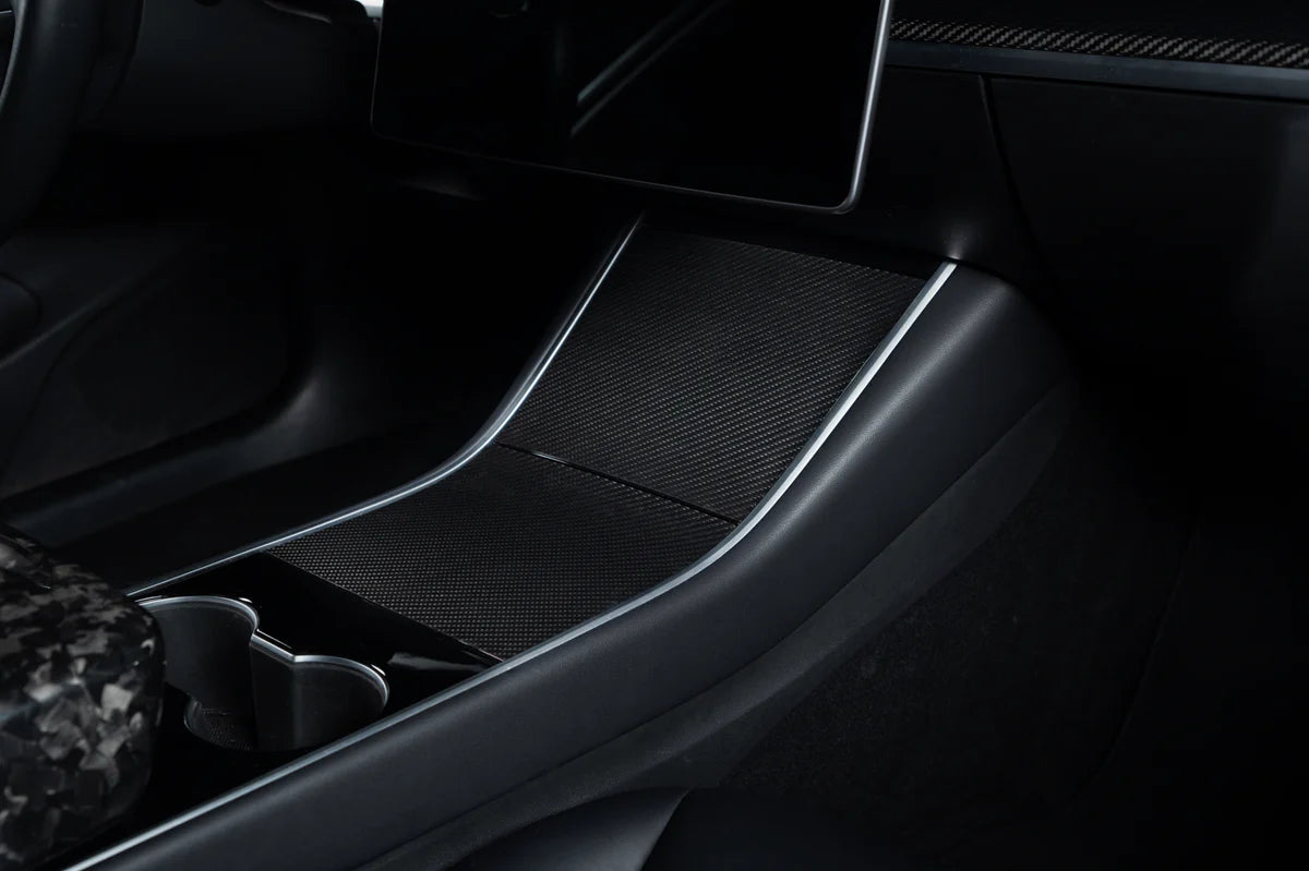 Carbon Fiber Center Console Covers for Tesla Model 3 & Model Y – Old Flip-Up Center Console (3-Piece Overlay Kit)