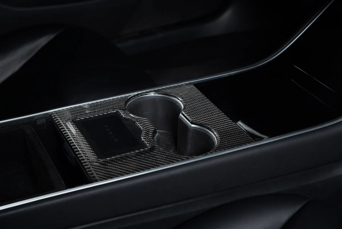 Carbon Fiber Center Console Covers for Tesla Model 3 & Model Y – Old Flip-Up Center Console (3-Piece Overlay Kit)