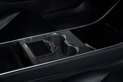 Carbon Fiber Center Console Covers for Tesla Model 3 & Model Y – Old Flip-Up Center Console (3-Piece Overlay Kit)