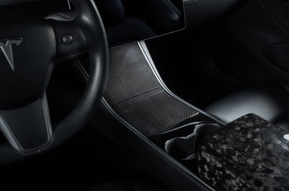 Carbon Fiber Center Console Covers for Tesla Model 3 & Model Y – Old Flip-Up Center Console (3-Piece Overlay Kit)