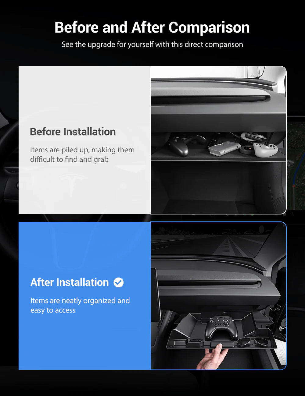 Premium Glove Box Organizer for Tesla Model 3 Highland (2024+) & Model Y Juniper (2025+) – Custom-Fit Drawer-Style TPE Storage Box