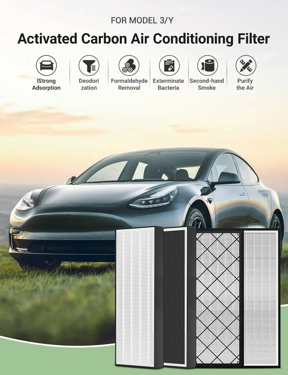 HEPA Upper & Lower Air Filters for Tesla Model Y (4PCS) | 5-Layer Activated Carbon Cabin Air Filter Replacement